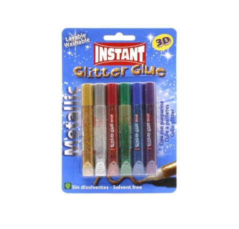 Instant Glitter Glue Metallic Pack de 6 Tubos de Pegamento con Purpurina 10.5ml - Para Distintas Superficies - Sin Disolventes - Colores Metalicos Surtidos (6 uds)