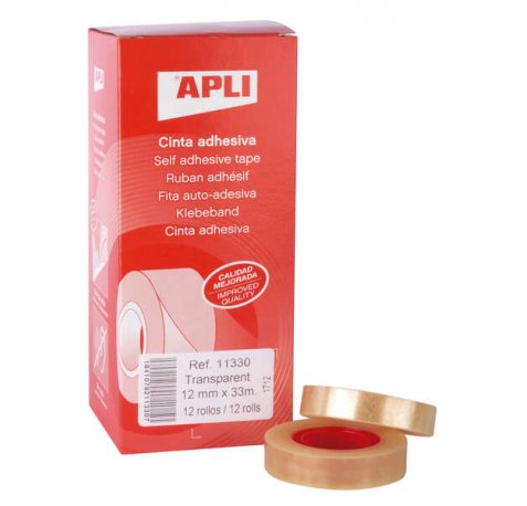 Apli Cinta Adhesiva Transparente 12mm x 33m - Resistente al Agua y a la Intemperie - Facil de Cortar y Aplicar - Ideal para Manualidades y Embalaje Transparente