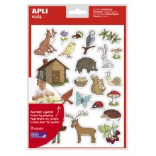 Apli Bolsa de Gomets Tematicos el Bosque - 69 Gomets en 3 Hojas - Ilustraciones Educativas de Animales y Objetos del Bosque - Adhesivo Removible - Adhesivo Base Agua - Libre de Disolventes - Colorido (5 uds)