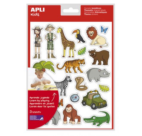 Apli Bolsa de Gomets Tematicos la Selva - 63 Gomets en 3 Hojas - Adhesivo Removible - Desarrollados con Educadores - Libre de Disolventes - Ilustraciones Divertidas - Enriquece Vocabulario - Habilidades Motoras - Coloridos (5 uds)