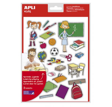 Apli Bolsa de Gomets Tematicos la Escuela - 78 Gomets en 3 Hojas - Adhesivo Removible - Ilustraciones Educativas - Adhesivo Base Agua - Libre de Disolventes - Colorido (5 uds)