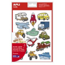 Apli Bolsa de Gomets Tematicos Transportes - 45 Gomets en 3 Hojas - Ilustraciones Divertidas para Enriquecer Vocabulario y Habilidades Motoras - Adhesivo Removible - Adhesivo Base Agua - Libre de Disolventes - Colorido (5 uds)