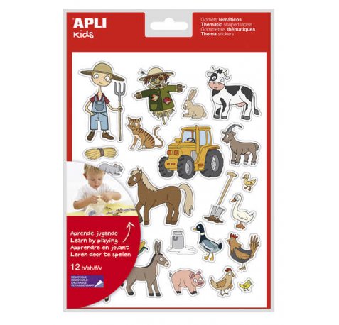 Apli Bolsa de Gomets Tematicos la Granja - 276 Gomets en 12 Hojas - Adhesivo Removible - Ideal para Escuelas - Adhesivo Base Agua - Libre de Disolventes - Divertidas Ilustraciones - Colorido Diseño (5 uds)