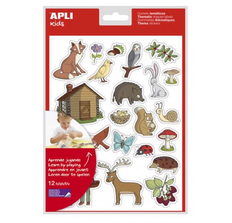 Apli Bolsa de Gomets Tematicos el Bosque - 276 Gomets en 12 Hojas - Adhesivo Removible - Ideal para Escuelas - Libre de Disolventes - Reciclable - Tematica de Animales y Objetos del Bosque Colorido (5 uds)