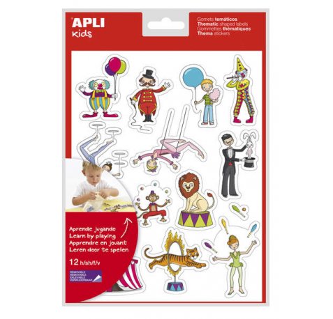 Apli Bolsa de Gomets Tematicos el Circo - 168 Gomets en 12 Hojas - Adhesivo Removible - Ideal para Escuelas - Adhesivo Base Agua - Libre de Disolventes - Divertidas Ilustraciones - Colorido Circo (5 uds)