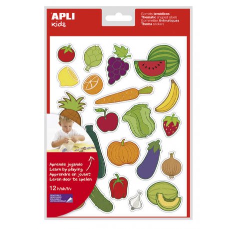 Apli Bolsa de Gomets Tematicos Frutas y Verduras - 276 Gomets - Adhesivo Removible - Desarrollados con Educadores - Ideal para Escuelas - Normas EN-71 y FSC - Coloridos (5 uds)