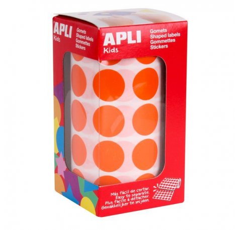 Apli Rollo de Gomets Redondos Ø 20mm - Adhesivo Permanente - 1.770 Gomets - Adhesivo Base Agua - Libre de Disolventes - Color Naranja