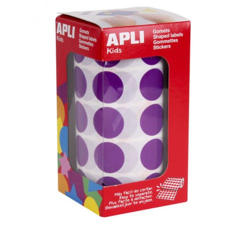 Apli Gomets Redondos Lila Ø 20mm - 59 Hojas Pretroqueladas - 1770 Gomets por Rollo - Ideal para Escuelas y Talleres Infantiles