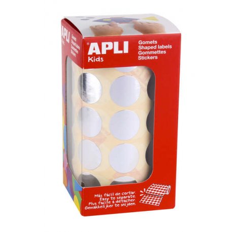 Apli Gomets Redondos Plata Metalizado Ø 20mm - 59 Hojas Pretroqueladas - 1770 Gomets por Rollo - Ideal para Escuelas y Talleres Infantiles - Cumple Normas EN-71 y FSC