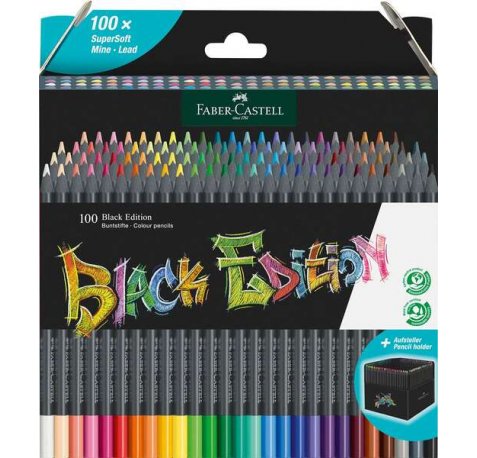 Faber-Castell Black Edition Pack de 100 Lapices de Colores - Mina Supersuave - Madera Negra - Ideales para Dibujo sobre Papel Claro, Oscuro y de Colores - Colores Surtidos