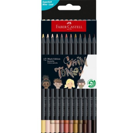 Faber-Castell Black Edition Skin Tones Pack de 12 Lapices de Colores Tonos de Piel - Mina Supersuave - Madera Negra - Ideales para Dibujo sobre Papel Claro, Oscuro y de Colores - Colores Surtidos