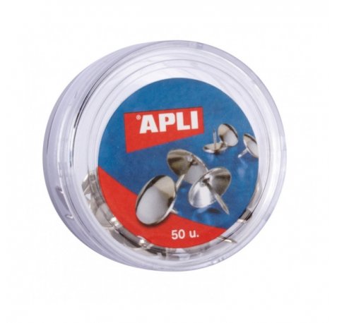 Apli Caja de 50 Chinchetas Niqueladas - Cabeza Redondeada - Punta Afilada - Versatiles para Hogar y Oficina - Color Plata