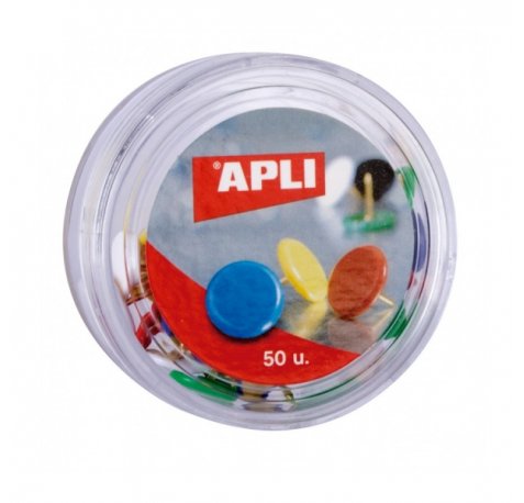 Apli Caja de 50 Chinchetas Niqueladas con Cabezal de Plastico - Cabeza Redondeada - Puntas Afiladas - Colores Surtidos