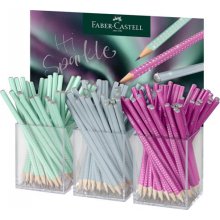 Faber-Castell Sparkle Aurora Expositor con 144 Lapices Triangulares de Grafito B - Mina Resistente a la Rotura - Con Cabelilla Plateada - Colores del Cuerpo Fucsia, Azul Helado y Verde Menta