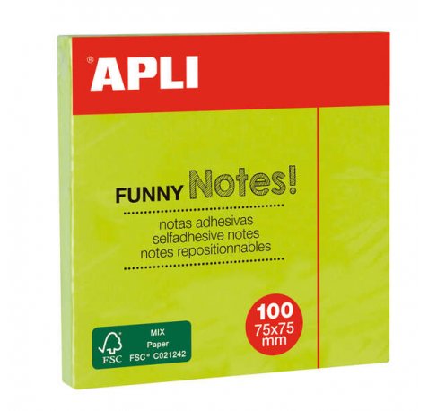 Apli Notas Adhesivas Funny 75x75mm - Bloc de 100 Hojas - Adhesivo de Calidad - Facil de Despegar - Color Verde Fluorescente