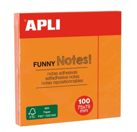 Apli Notas Adhesivas Funny 75x75mm - Bloc de 100 Hojas - Adhesivo de Calidad - Color Naranja Fluorescente