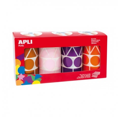 Apli Pack de 4 Rollos de Gomets Adhesivo Permanente - Formas Variadas - Fomenta Psicomotricidad y Creatividad - Adhesivo Base Agua - Color Lila