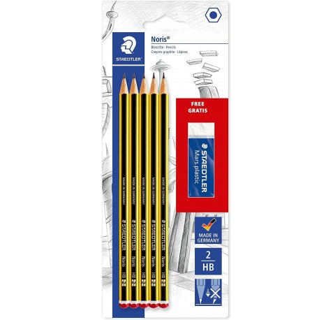 Staedtler Noris 120 Pack de 5 Lapices de Grafito Hexagonales 2HB + 1 Goma de Borrar Mars Plastic - Madera de Bosques Sostenibles