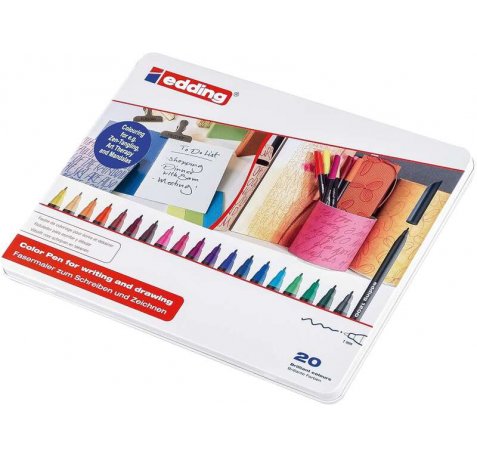 Edding Caja de Metal con 20 Rotuladores 1200 - Punta Redonda - Trazo 1mm - Tinta con Base de Agua