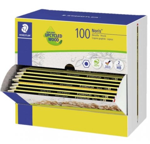 Staedtler Noris 120-2 Expositor con 100 Lapices de Grafito Hexagonal HB - Mina Ultrarresistente de 2mm - Madera de Bosques Sostenibles