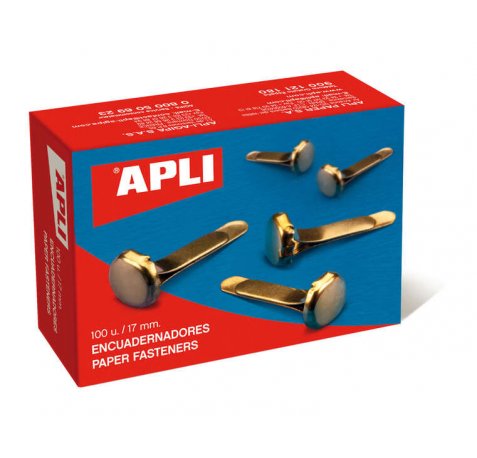 Apli Encuadernadores Metalicos Dorados 17mm - Caja de 100 - sin Arandela - Aptos para Todo Tipo de Documentos - Ideales para Encuadernar y Manualidades