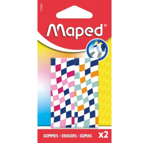 Maped Pack de 2 Gomas de Borrar con 3 DiseÃ±os Damero - Forma Rectangular - Sin Ftalatos - Colores Surtidos