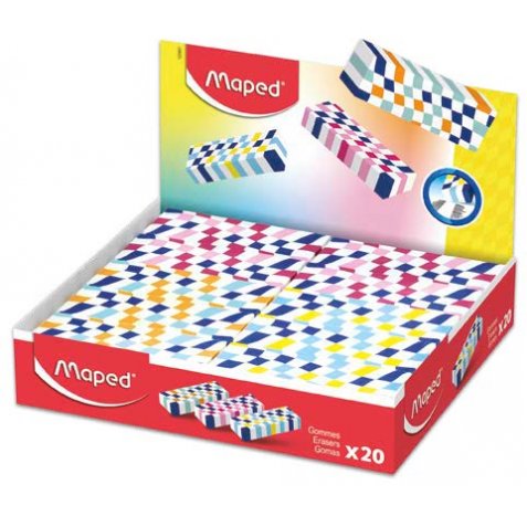 Maped Expositor de 20 Gomas de Borrar con 3 DiseÃ±os Damero - Forma Rectangular - Sin Ftalatos - Colores Surtidos