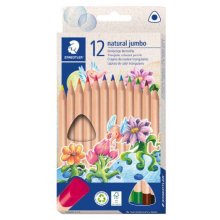 Staedtler Noris Natural Jumbo Pack con 12 Lapices de Colores Triangulares - Mina de 4mm - Madera Certificada FSC - Cuerpo de Color Madera Natural