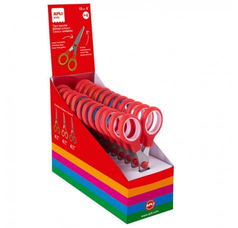 Apli Expositor de Tijeras Escolares 13cm - 12 Tijeras - Punta Redondeada para Seguridad - Ergonomicas para Ambidiestros - Aros Simetricos de Plastico Abs y Hojas de Acero Inoxidable - Corta Todo Tipo de Material - Color Rojo