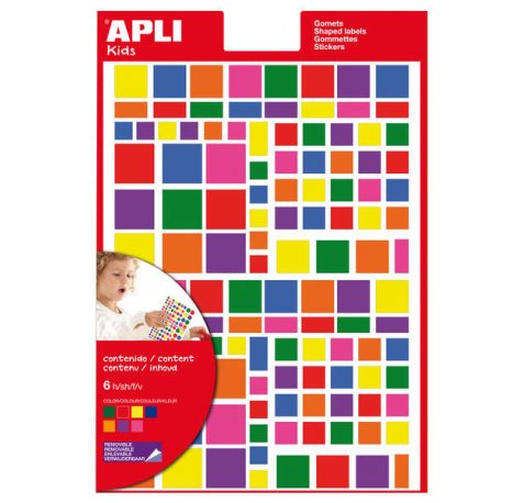 Apli Gomets Cuadrados Adhesivo Removible - Tamaños Surtidos - 732 Gomets por Bolsa - Desarrollo de Habilidades y Creatividad - Normas de Calidad y Seguridad - Colores Variados (10 uds)