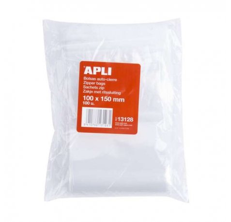 Apli Pack de 100 Bolsas de Auto Cierre 100 x 150 mm - Cierre Seguro - Aptas para Alimentos