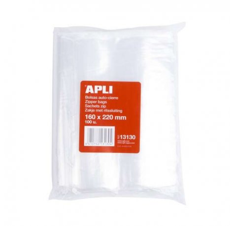Apli Pack de 100 Bolsas de Auto Cierre 160 x 220 mm - Cierre Seguro - Aptas para Alimentos