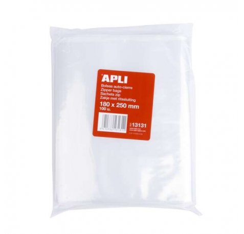 Apli Pack de 100 Bolsas de Auto Cierre 180 x 250 mm - Cierre Seguro - Aptas para Alimentos