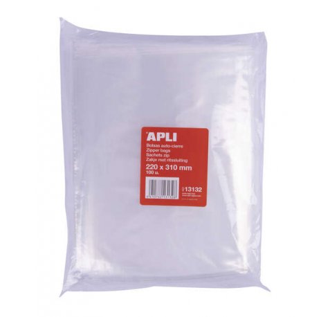 Apli Bolsas Zip Auto Cierre Transparentes 220x310mm - Material LDPE - Cierre Seguro y Facil Manipulacion - Uso Alimenticio - Ideal para Guardar Alimentos y Objetos Cotidianos - Utiles para Viajes