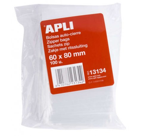Apli Bolsas Zip Auto Cierre Transparentes 60x80mm - Material LDPE - Cierre Seguro y Facil Manipulacion - Uso Alimenticio - Ideal para Alimentos y Objetos Cotidianos - Utiles para Viajes