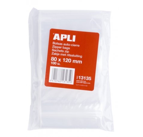 Apli Pack de 100 Bolsas de Auto Cierre 80 x 120 mm - Cierre Seguro - Aptas para Alimentos