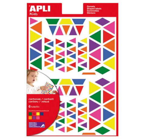 Apli Gomets Triangulares Removibles - Tamaños Surtidos - 648 Gomets por Bolsa - Desarrollo de Habilidades y Creatividad - Colores: Verde, Naranja, Rosa, Azul, Rojo, Lila y Amarillo (10 uds)
