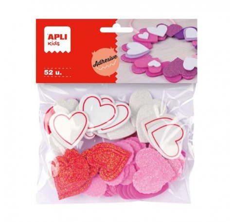 Apli Formas de Corazones Adhesivas de Goma Eva - 52 Formas - Medidas Surtidas - Material Suave y Seguro - Colores Surtidos Purpurina
