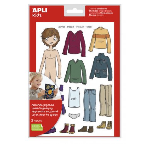 Apli Bolsa de Gomets Tematicos Vestirse Niño - 35 Gomets - Adhesivo Removible - Desarrollados con Educadores - Normas EN-71 y FSC - Adhesivo Base Agua - Libre de Disolventes - ECF - 100% Reciclables - Colorido (5 uds)