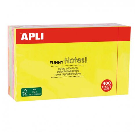 Apli Notas Adhesivas Funny 125x75mm - Bloc de 400 Hojas - 4 Colores Surtidos - Fluorescente