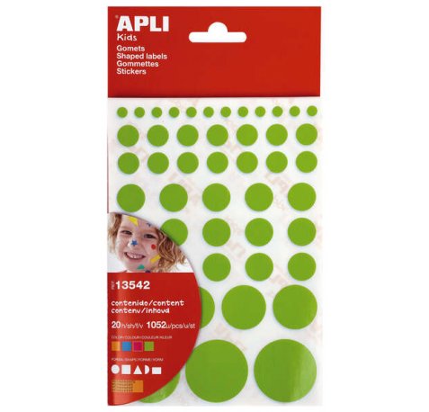 Apli Gomets Adhesivo Permanente - 1052 Gomets por Bolsa - Desarrollo de Habilidades Creativas y Psicomotrices - Cumple Normas EN-71 y FSC - Diferentes Formas y Tamaños - Colores Surtidos (10 uds)