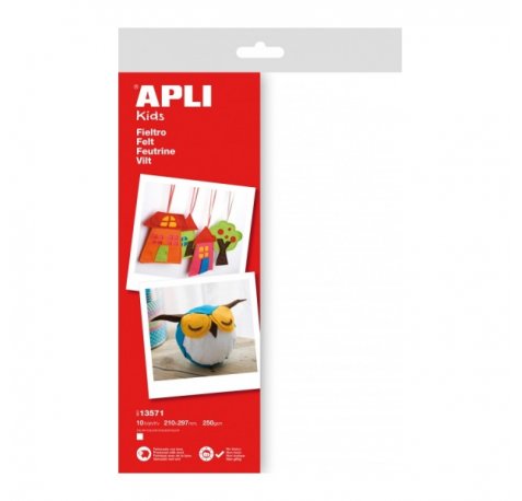 Apli Pack de 10 Hojas de Fieltro A4 - 40% Lana Natural - Grosor 250gr - Resistente y Suave - Facil de Marcar, Cortar y Pegar - Color Blanco