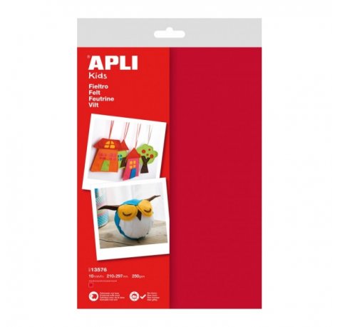Apli Pack de 10 Hojas de Fieltro A4 - 40% Lana Natural - Grosor 250gr - Resistente y Suave - Facil de Marcar, Cortar y Pegar - Color Rojo