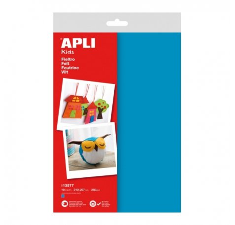 Apli Pack de 10 Hojas de Fieltro A4 - 40% Lana Natural - Grosor 250gr - Resistente y Suave - Facil de Marcar, Cortar y Pegar - Color Azul
