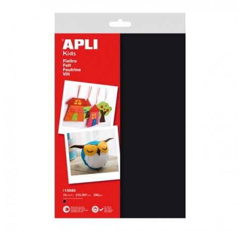 Apli Pack de 10 Hojas de Fieltro A4 - 40% Lana Natural - Grosor 250gr - Resistente y Suave - Facil de Cortar y Pegar - Color Negro