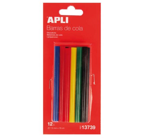 Apli Recambio de Barras de Adhesivo Termofusible - Ø7.5mmx10cm - 12 Barras en 6 Colores Surtidos - Adhesion Instantanea en Multiples Superficies - No Gotea - Compatible con Pistolas de Ø7.5mm