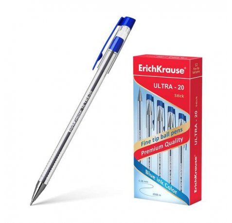 Erichkrause Boligrafo Ultra-20 - Punta Metalica de Tipo Aguja - Cuerpo Redondo Transparente con Grip - Tinta de Baja Viscosidad - Color Azul (12 uds)