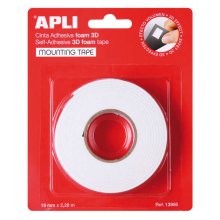 Apli Cinta Adhesiva Doble Cara Foam 3D - 19mm x 228m - Adhesion Fuerte y Duradera - Ideal para Manualidades y Decoracion - Blanco
