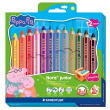 Staedtler Noris Junior Peppa Pig Pack de 12 Lapices de Colores Extragruesos + Sacapuntas - 3 en 1, Lapiz, Cera y Acuarelable - Colores Surtidos