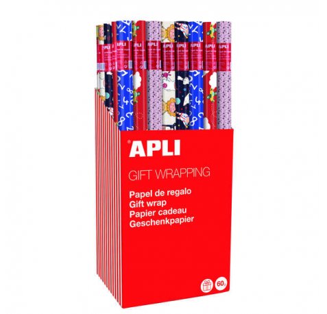 Apli Expositor de 55 Rollos de Papel Regalo Infantil - 11 Rollos por Color - Medidas del Rollo 0.70x2m - 5 Diseños
